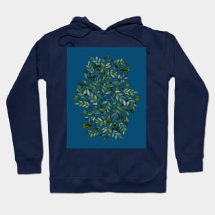 Seasonal branches and berries - green on blue Hoodie